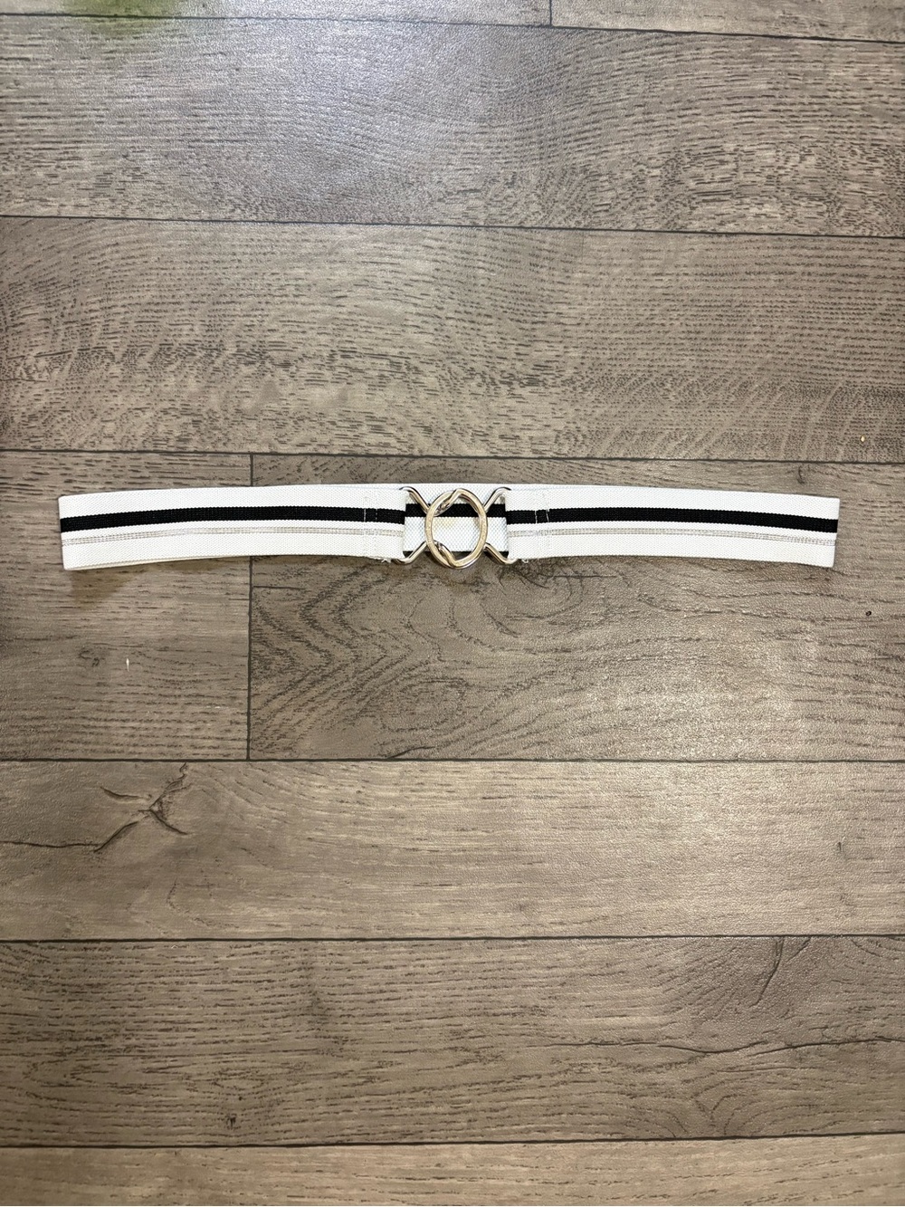Bebe Elastic Stripe Waist Belt with Silver Ring Buckle - White Black Silver